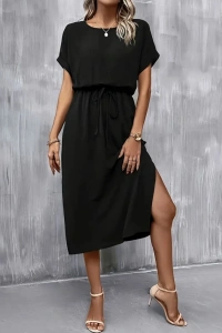 Kadın Kısa Kollu Yakası Açık Belden Bağlamalı Yırtmaçlı Viskon Elbise