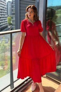 Kadın Kısa Kollu Yakası Açık Katlı Bürümcük Balon Elbise