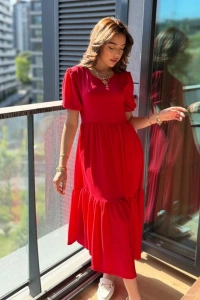 Kadın Kısa Kollu Yakası Açık Katlı Bürümcük Balon Elbise