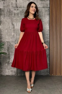 Kadın Kısa Kollu Yakası Açık Katlı Bürümcük Balon Elbise