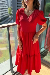 Kadın Kısa Kollu Yakası Açık Katlı Bürümcük Balon Elbise