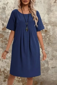 Kadın Kısa Kollu Yakası Açık önden Büzgülü Cep Detaylı Viskon Iki Iplik Elbise