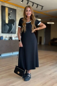 Kadın Kısa Kollu Yuvarlak Yaka Yandan Yırtmaçlı Midi Viskon Elbise