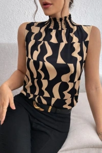 Kadın Kolsuz Balıkçı Yaka Desenli Süprem Bluz