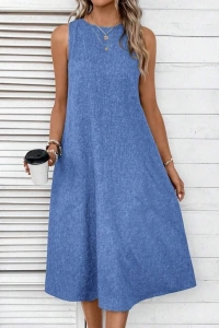 Kadın Kolsuz Bisiklet Yaka Cepli Midi Keten Elbise