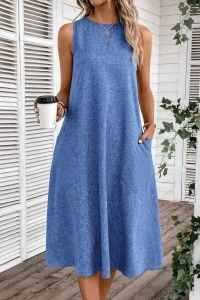 Kadın Kolsuz Bisiklet Yaka Cepli Midi Keten Elbise