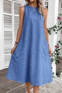 Kadın Kolsuz Bisiklet Yaka Cepli Midi Keten Elbise