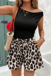 Kadın Kolsuz Bisiklet Yaka Viskon Bluz Ve Leopar Desenli Kısa Modal Short Ikili Takım
