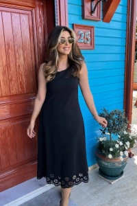 Kadın Kolsuz Etek Ucu Lazer Kesim çiçek Desenli Midi Boy Janjan Krep Elbise