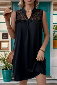 Kadın Kolsuz V Hakim Yaka Dantelli Janjan Krep Elbise