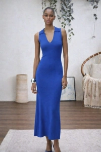 Kadın Kolsuz V Yakalı Uzun Triko Elbise