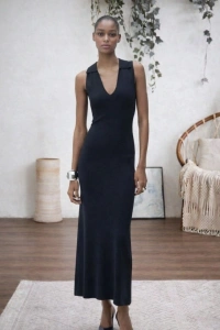 Kadın Kolsuz V Yakalı Uzun Triko Elbise