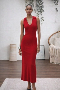 Kadın Kolsuz V Yakalı Uzun Triko Elbise