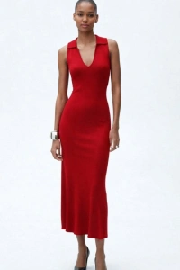 Kadın Kolsuz V Yakalı Uzun Triko Elbise