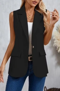 Kadın Kolsuz Yakalı önden Tek Düğmeli Atlas Ceket