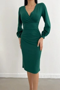 Kadın Kruvaze Yaka Balon Kol Midi Boy Elbise