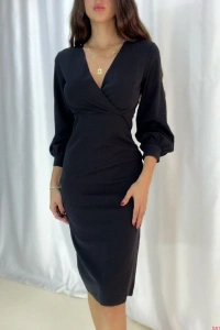 Kadın Kruvaze Yaka Balon Kol Midi Boy Elbise