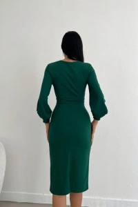 Kadın Kruvaze Yaka Balon Kol Midi Boy Elbise