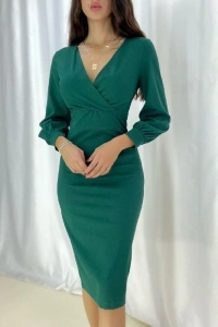 Kadın Kruvaze Yaka Balon Kol Midi Boy Elbise