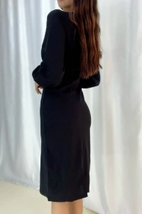 Kadın Kruvaze Yaka Balon Kol Midi Boy Elbise