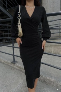 Kadın Kruvaze Yaka Balon Kol Simli Krep Kumaş Midi Boy Elbise