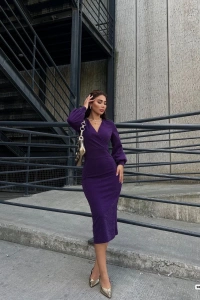 Kadın Kruvaze Yaka Balon Kol Simli Krep Kumaş Midi Boy Elbise