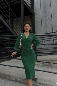 Kadın Kruvaze Yaka Balon Kol Simli Krep Kumaş Midi Boy Elbise