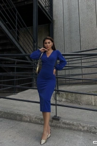 Kadın Kruvaze Yaka Balon Kol Simli Krep Kumaş Midi Boy Elbise