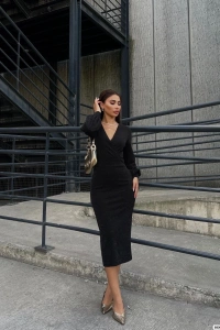 Kadın Kruvaze Yaka Balon Kol Simli Krep Kumaş Midi Boy Elbise