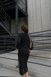 Kadın Kruvaze Yaka Balon Kol Simli Krep Kumaş Midi Boy Elbise