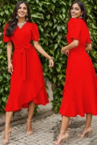 Kadın Kruvaze Yaka Midi Boy Kuşaklı Krep Elbise 120 Cm