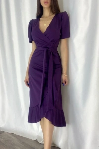 Kadın Kruvaze Yaka Midi Boy Kuşaklı Krep Elbise 120 Cm