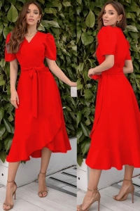 Kadın Kruvaze Yaka Midi Boy Kuşaklı Krep Elbise 120 Cm