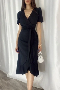 Kadın Kruvaze Yaka Midi Boy Kuşaklı Krep Elbise 120 Cm