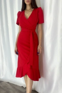 Kadın Kruvaze Yaka Midi Boy Kuşaklı Krep Elbise 120 Cm