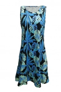 Kadın Mavi Yaprak Baskılı Askılı Süprem Elbise