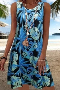 Kadın Mavi Yaprak Baskılı Askılı Süprem Elbise