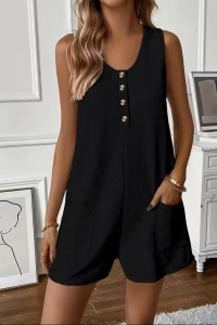 Kadın Omuz Askılı önden Düğmeli Waffle Kısa Tulum