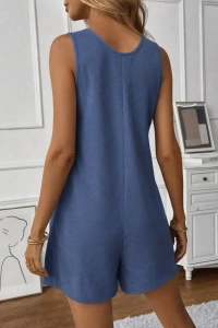 Kadın Omuz Askılı önden Düğmeli Waffle Kısa Tulum