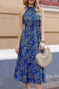 Kadın Omuz Dekolteli Halter Yaka Desenli Maxi Süprem Elbise