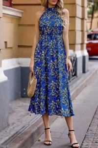 Kadın Omuz Dekolteli Halter Yaka Desenli Maxi Süprem Elbise