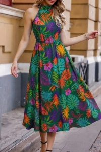 Kadın Omuzlardan Açık Daire Yaka Desenli Maxi Süprem Elbise