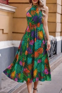 Kadın Omuzlardan Açık Daire Yaka Desenli Maxi Süprem Elbise