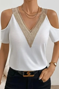 Kadın Omuzlardan Açık V Yakalı Viskon Bluz