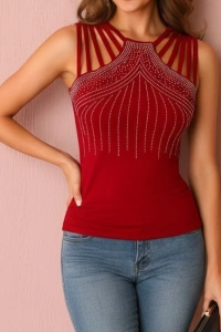 Kadın Omuzlardan Askı şerit Detaylı Taşlı Viskon Bluz