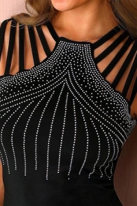 Kadın Omuzlardan Askı şerit Detaylı Taşlı Viskon Bluz