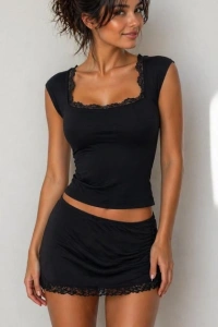 Kadın ön Arka Dantel Detay Kuşaklı Bluz