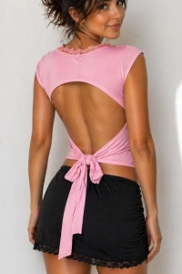 Kadın ön Arka Dantel Detay Kuşaklı Bluz