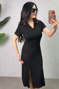 Kadın Polo Yaka çift Yırtmaç Detay Modal Kumaş Midi Boy Elbise
