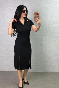 Kadın Polo Yaka çift Yırtmaç Detay Modal Kumaş Midi Boy Elbise